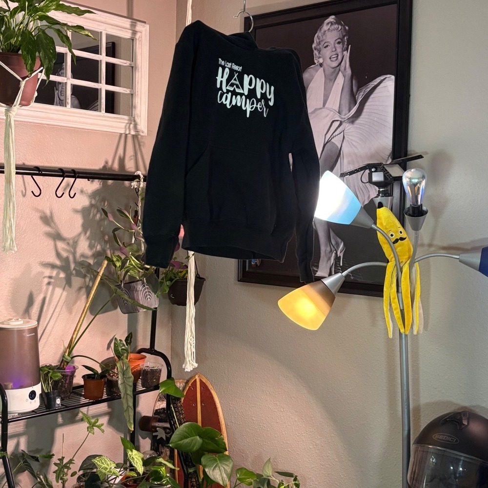 The Last Resort Happy Camper Black Hoodie‎ Youth Size Medium Camping Graphic